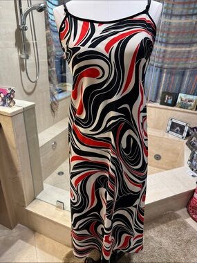 Natori Black White and Red Swirl Midi Slip Dress